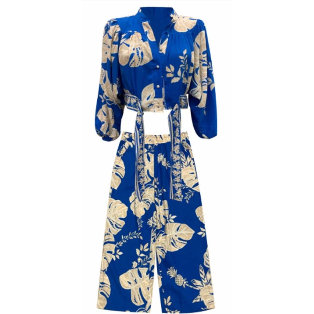 Rachel Zoe Womens Medium 2-Piece Set Blue Palm Leaf Linen Blend Wide Leg Pants